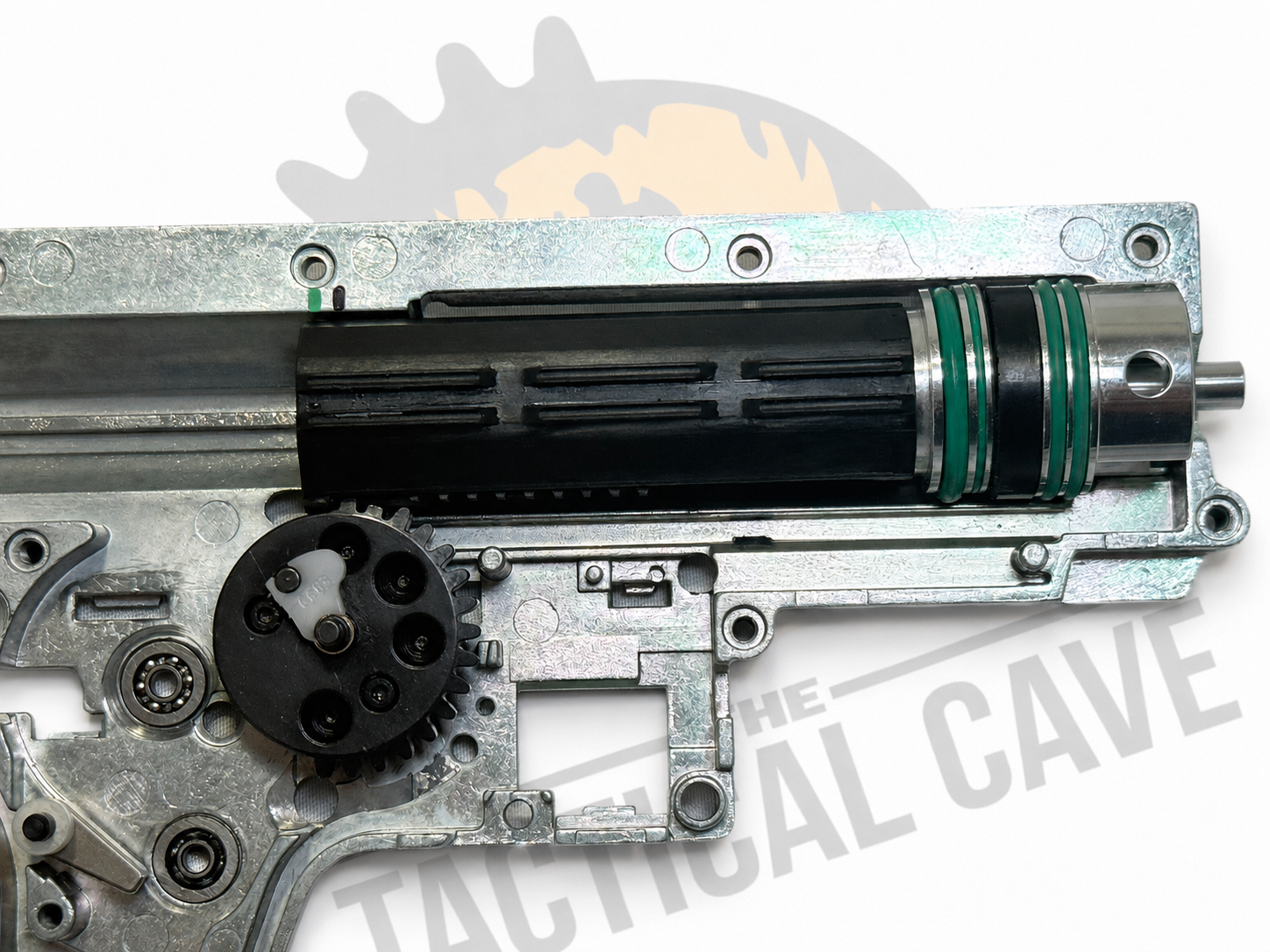 Cálculo AOE airsoft - pistón y cilindro montados en el gearbox Pistón y cilindro montados en un gearbox de airsoft tras el cálculo y ajuste del AOE